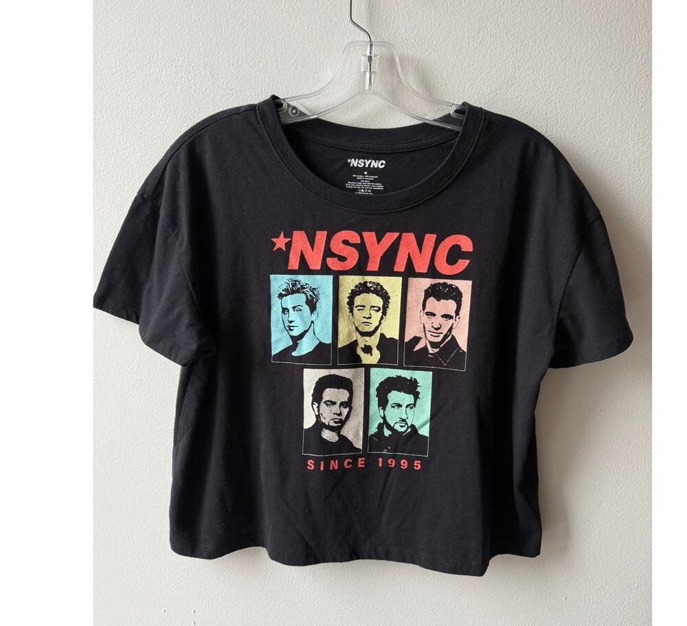 *NSYNC T-Shirt Crop Top Black Multicolor Boxy Retro Pop Boy Band Shirt Women's M
